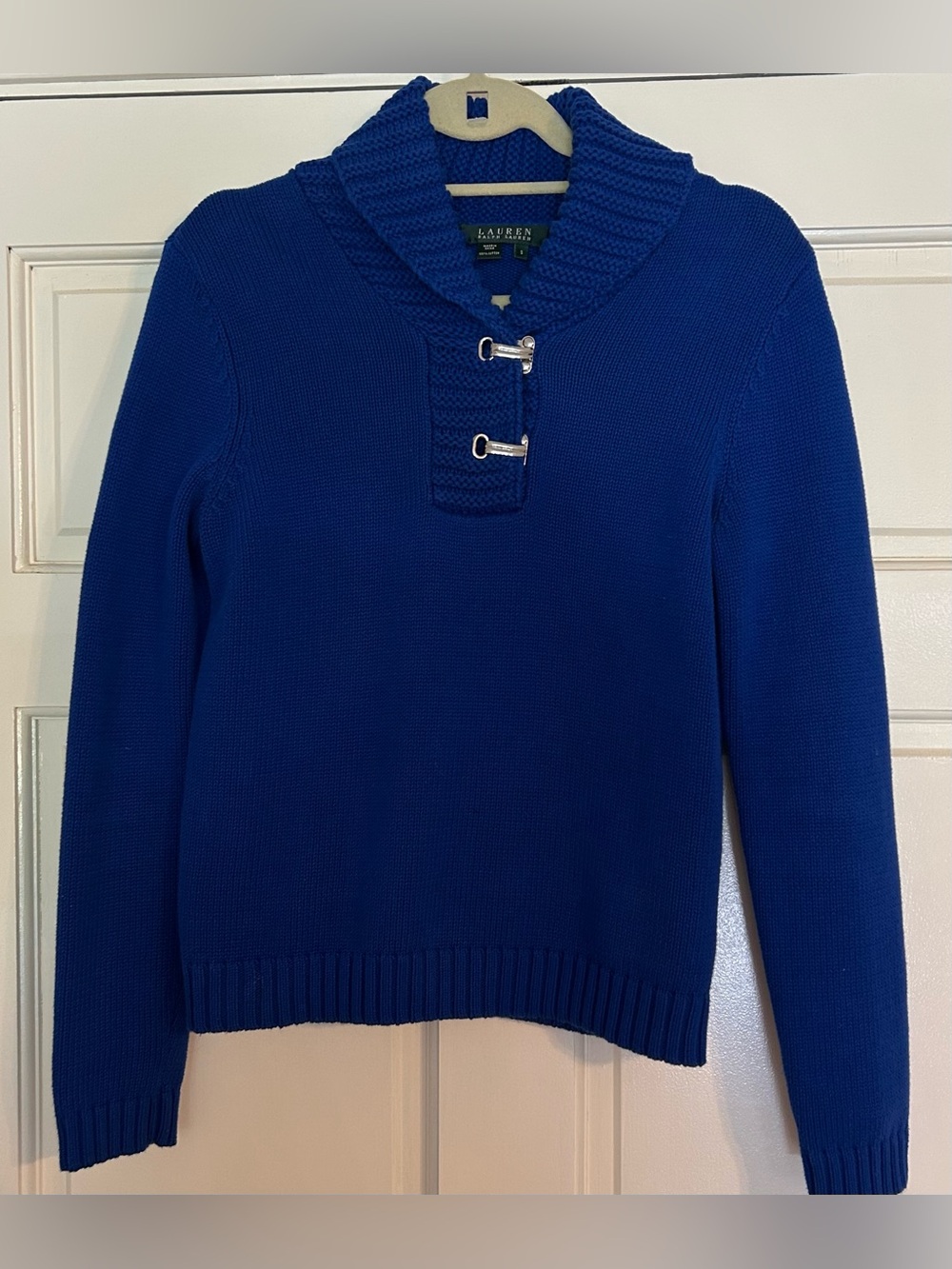 Lauren Ralph Lauren Cobalt Blue Shawl Collar Toggle Pullover Sweater Small